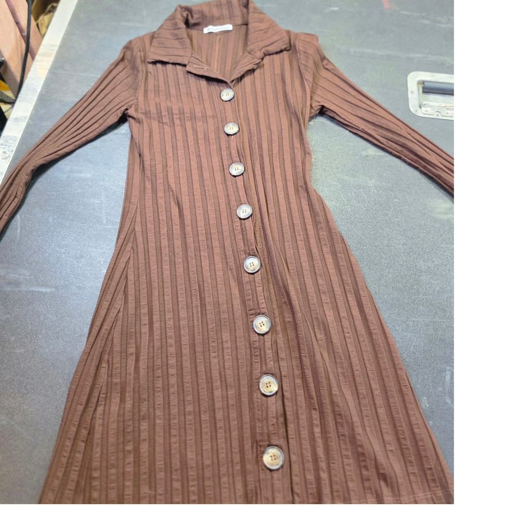 Reformation Brown Ribbed Knit Button Down Long Sleeve Midi Dress Small